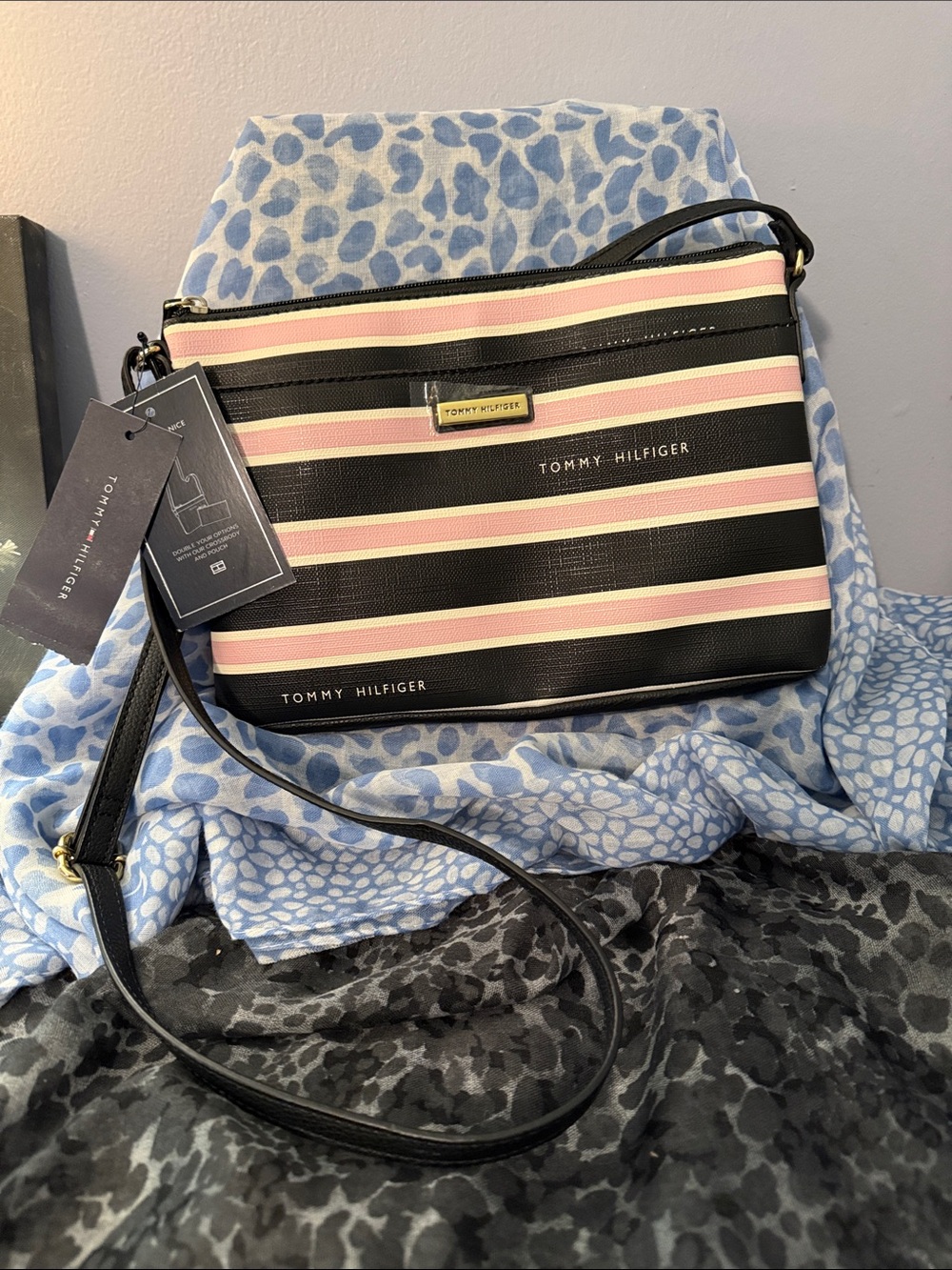 Tommy Hilfiger Black, Pink & Cream Striped Crossbody